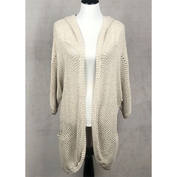 EDDIE BAUER Linen Cotton Open Cardigan Sweater Sz M Oatmeal Knit Pockets Hooded - Picture 1 of 12